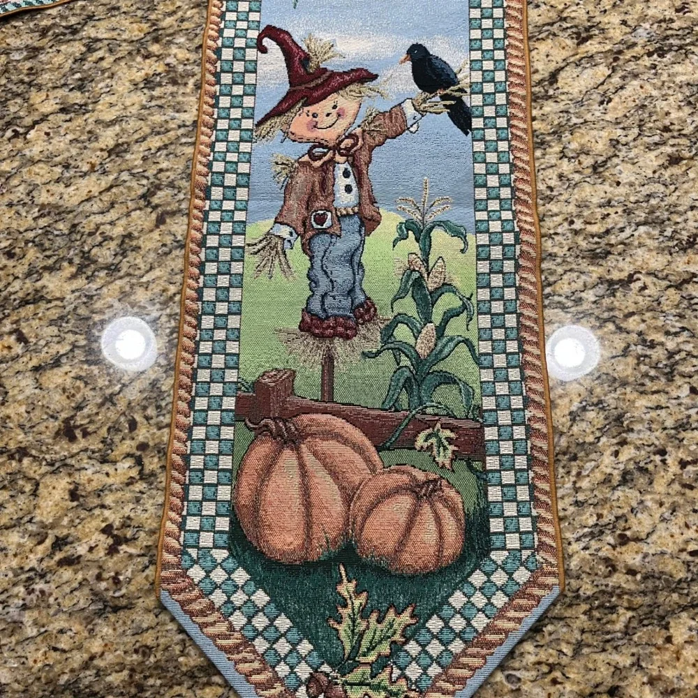 Harvest Scarecrow Tapestry Table Runner Autumn Pumpkin Crow Tassels 13x70